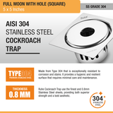 Full Moon Floor Drain Square (5 x 5 Inches) with Hole & Cockroach Trap (304 Grade) stainless steel