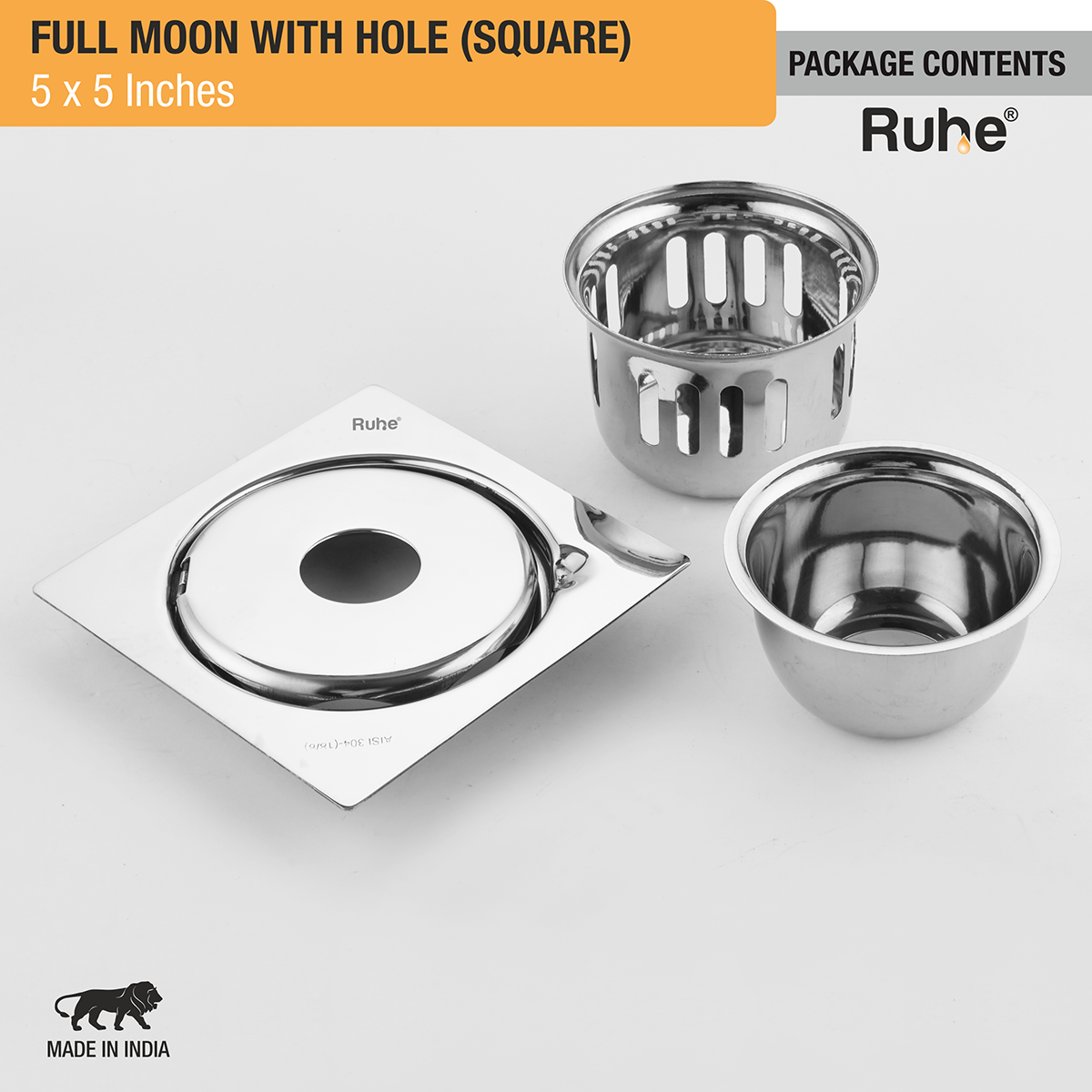 Full Moon Square 304-Grade Floor Drain with Hole &  Cockroach Trap (5 x 5 Inches) - by Ruhe