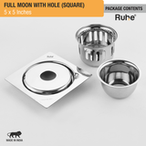 Full Moon Floor Drain Square (5 x 5 Inches) with Hole & Cockroach Trap (304 Grade) package content