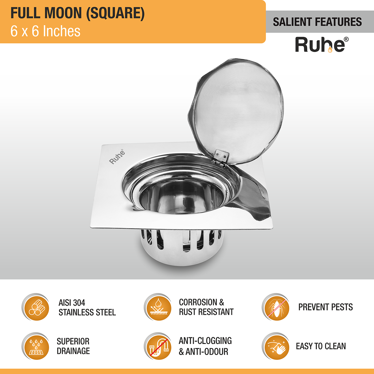 Full Moon Square 304-Grade Floor Drain with Cockroach Trap (6 x 6 Inches) - by Ruhe