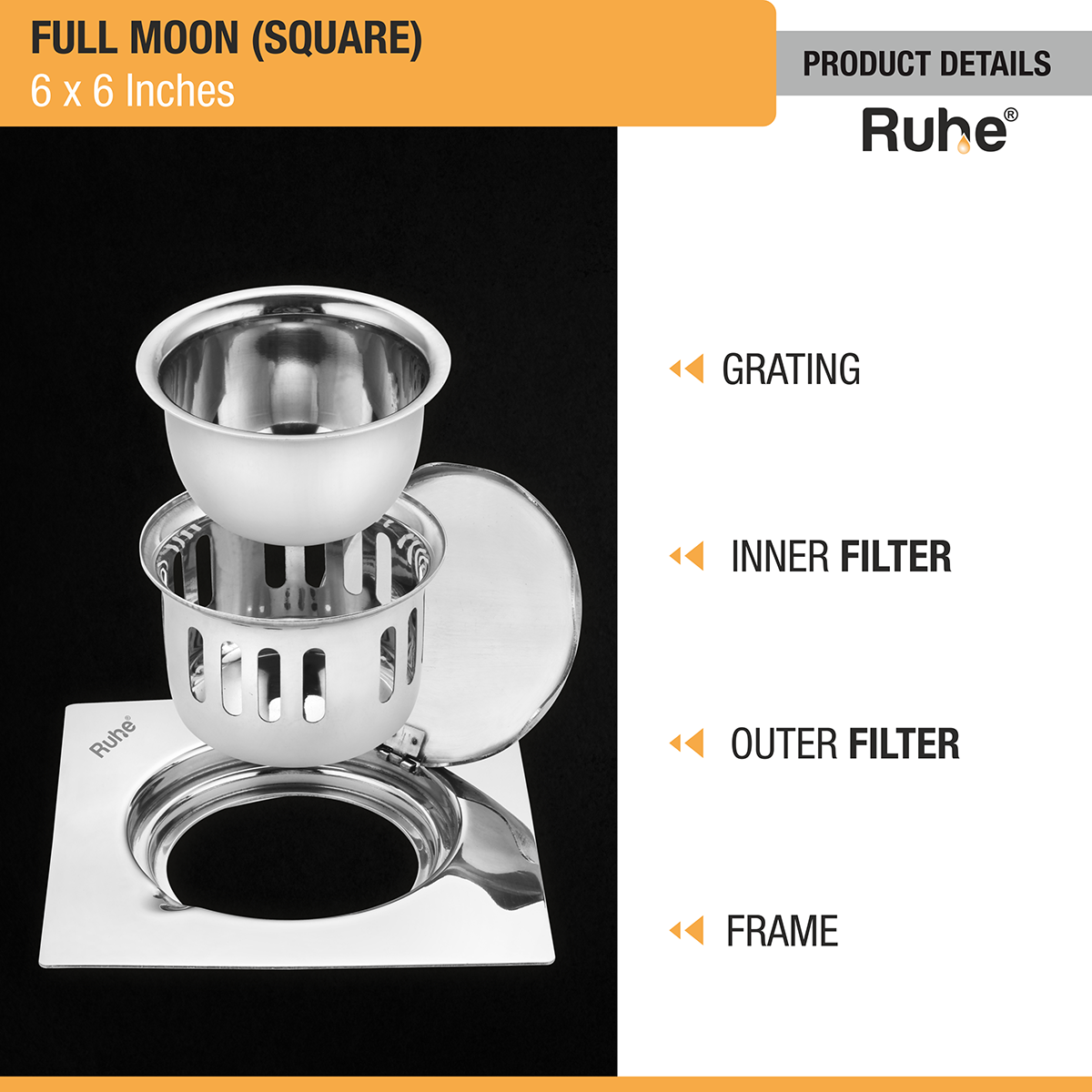 Full Moon Square 304-Grade Floor Drain with Cockroach Trap (6 x 6 Inches) - by Ruhe