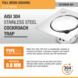 Full Moon Floor Drain Square (6 x 6 Inches) with Cockroach Trap (304 Grade) stainless steel