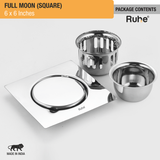 Full Moon Floor Drain Square (6 x 6 Inches) with Cockroach Trap (304 Grade) package content