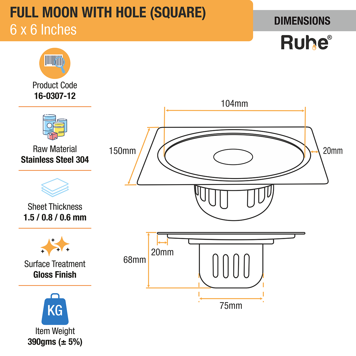 Full Moon Square 304-Grade Floor Drain with Hole &  Cockroach Trap (6 x 6 Inches) - by Ruhe