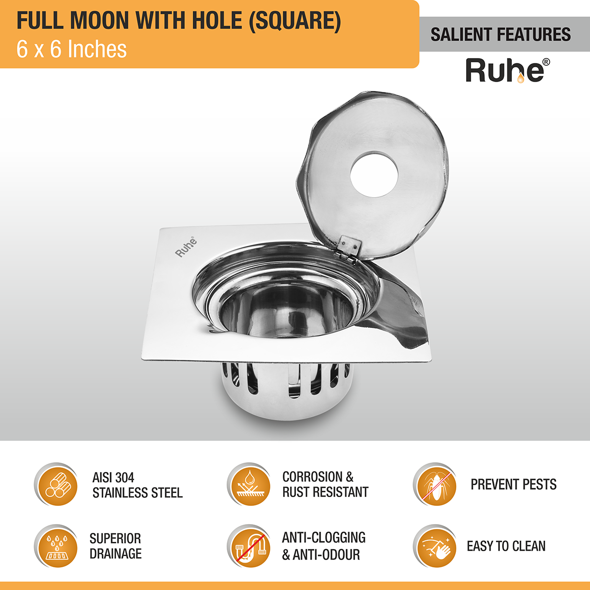 Full Moon Square 304-Grade Floor Drain with Hole &  Cockroach Trap (6 x 6 Inches) - by Ruhe