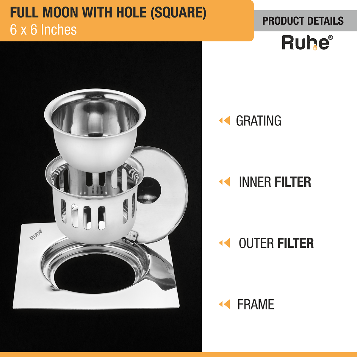 Full Moon Square 304-Grade Floor Drain with Hole &  Cockroach Trap (6 x 6 Inches) - by Ruhe