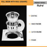 Full Moon Floor Drain Square (6 x 6 Inches) with Hole and Cockroach Trap (304 Grade) product details
