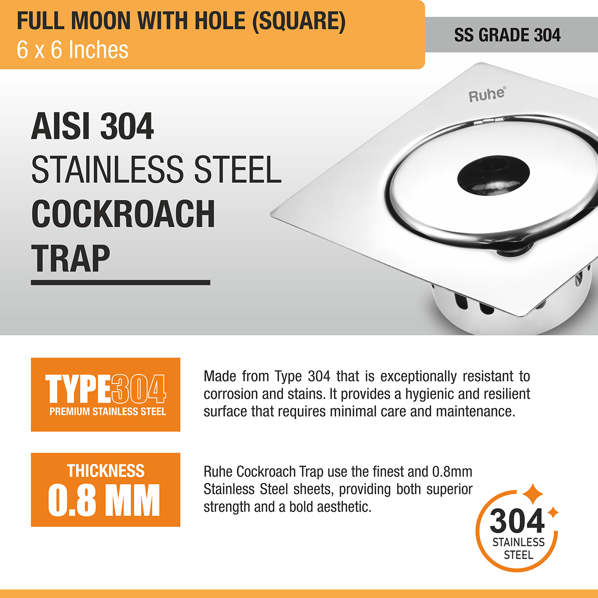 Full Moon Square 304-Grade Floor Drain with Hole &  Cockroach Trap (6 x 6 Inches) - by Ruhe