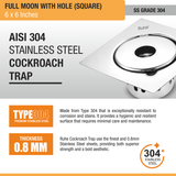Full Moon Floor Drain Square (6 x 6 Inches) with Hole and Cockroach Trap (304 Grade) stainless steel