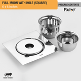 Full Moon Floor Drain Square (6 x 6 Inches) with Hole and Cockroach Trap (304 Grade) package content