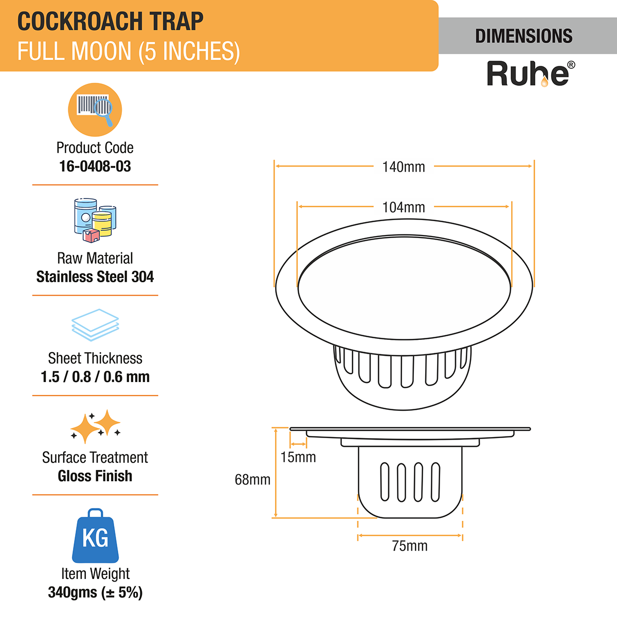 Full Moon Round 304-Grade Floor Drain with Cockroach Trap (5 Inches) - by Ruhe