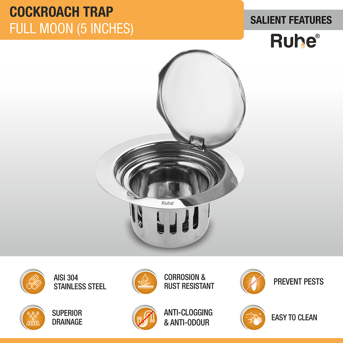 Full Moon Round 304-Grade Floor Drain with Cockroach Trap (5 Inches) - by Ruhe