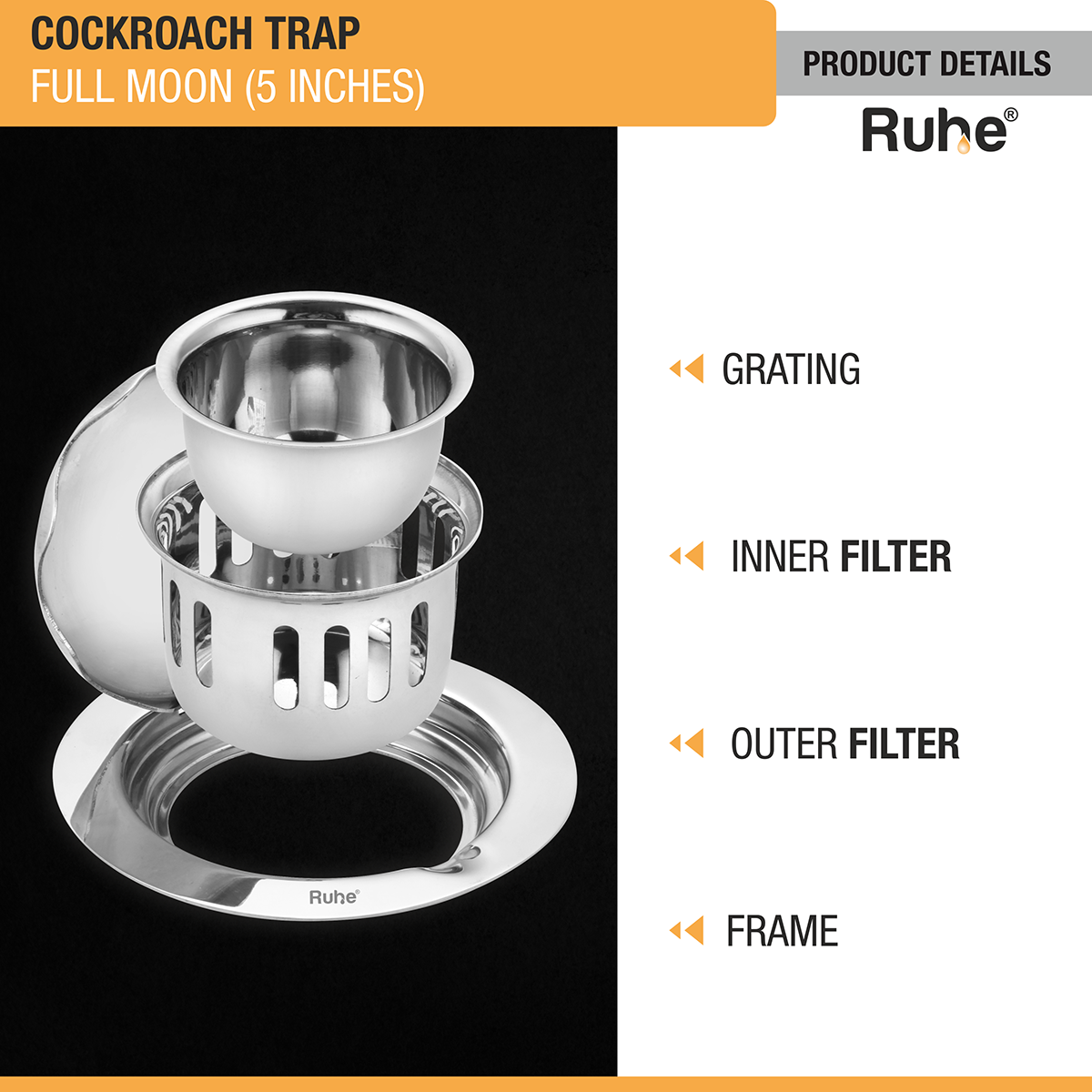 Full Moon Round 304-Grade Floor Drain with Cockroach Trap (5 Inches) - by Ruhe