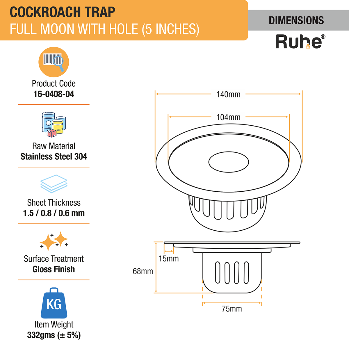 Full Moon Round 304-Grade Floor Drain with Hole & Cockroach Trap (5 Inches) - by Ruhe