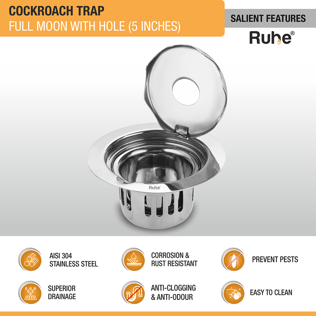 Full Moon Round 304-Grade Floor Drain with Hole & Cockroach Trap (5 Inches) - by Ruhe