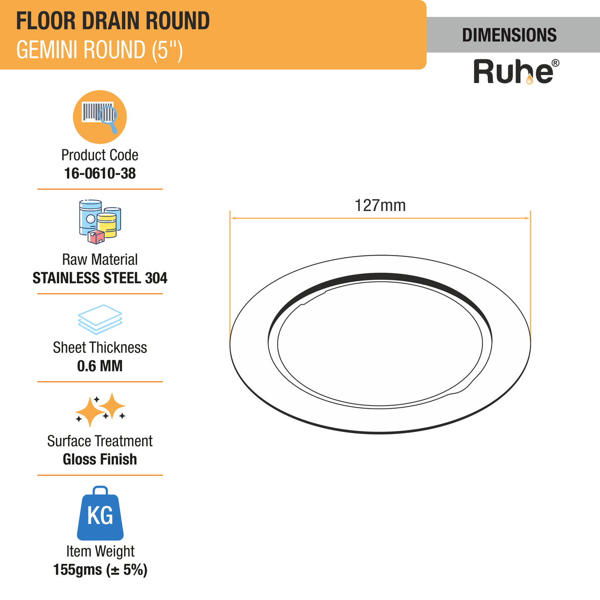 Gemini Round 304-Grade Floor Drain (5 Inches) - by Ruhe