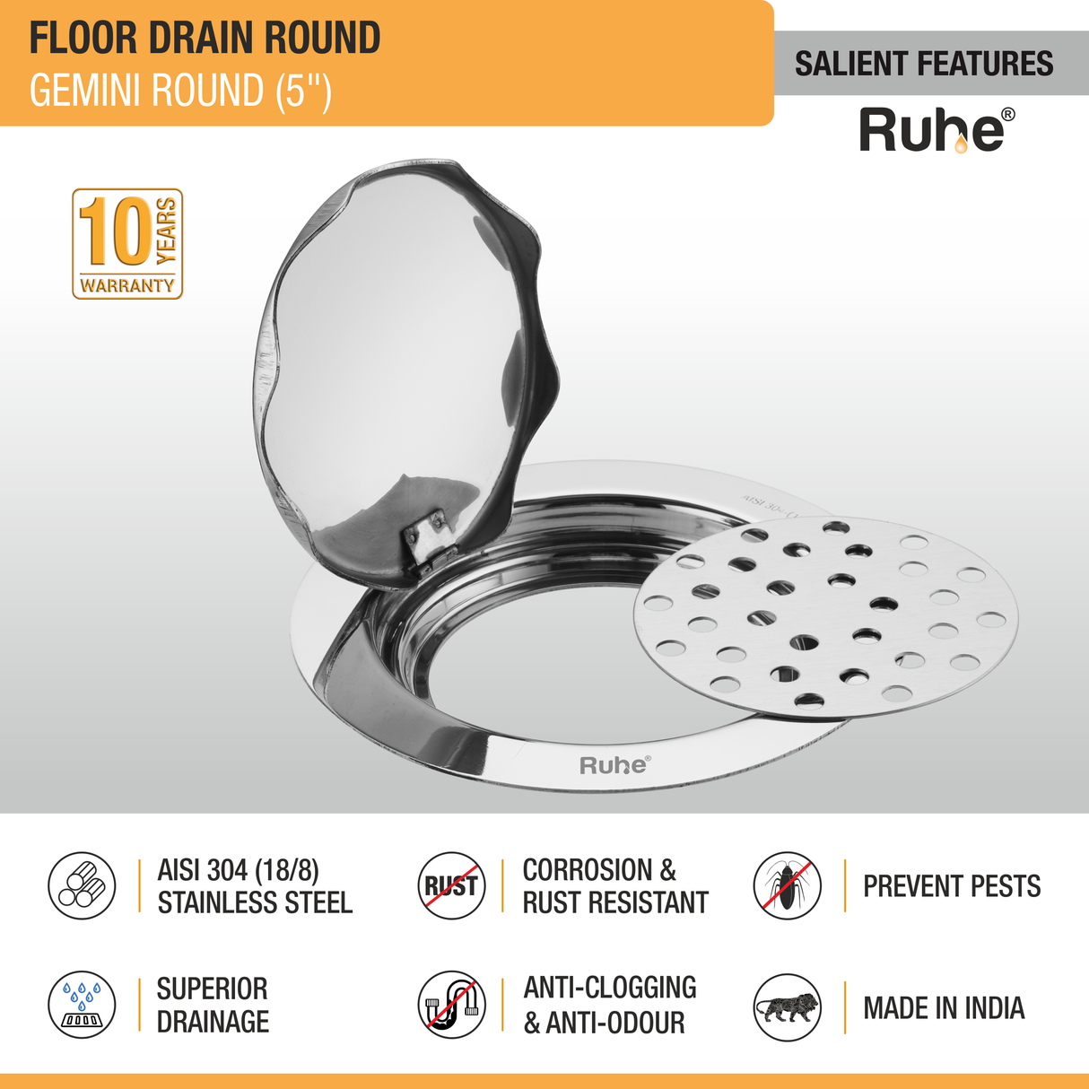 Gemini Round 304-Grade Floor Drain (5 Inches) - by Ruhe