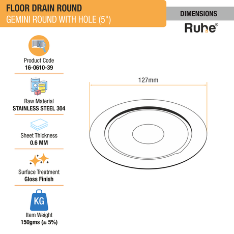 Gemini Round Floor Drain (5 Inches) with Hole 2