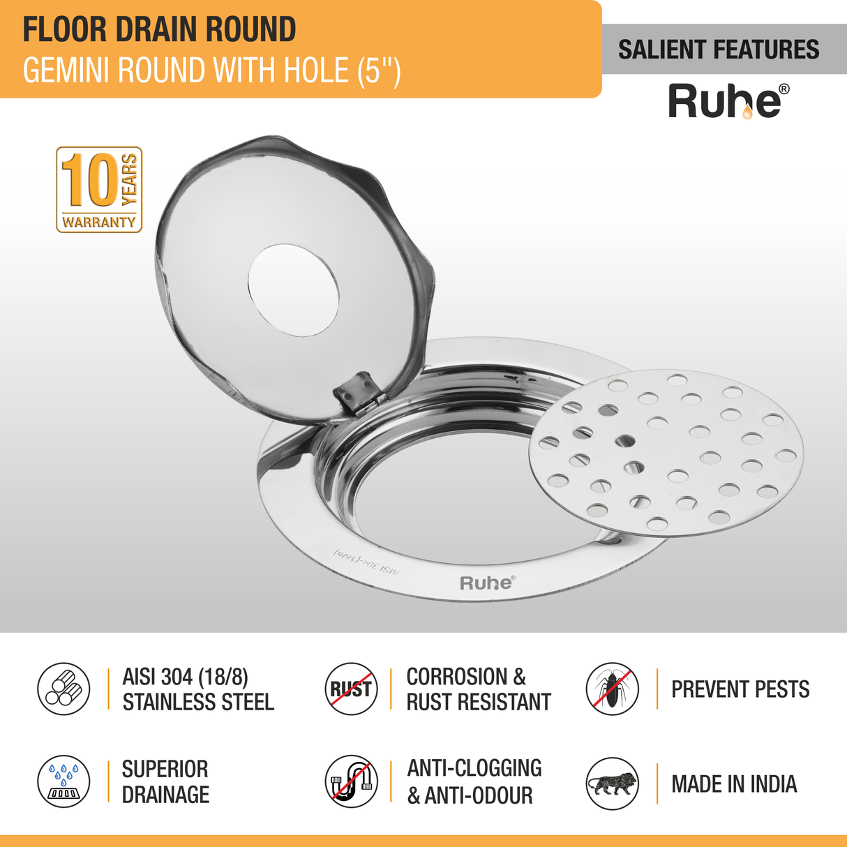 Gemini Round 304-Grade Floor Drain with Hole (5 Inches) - by Ruhe