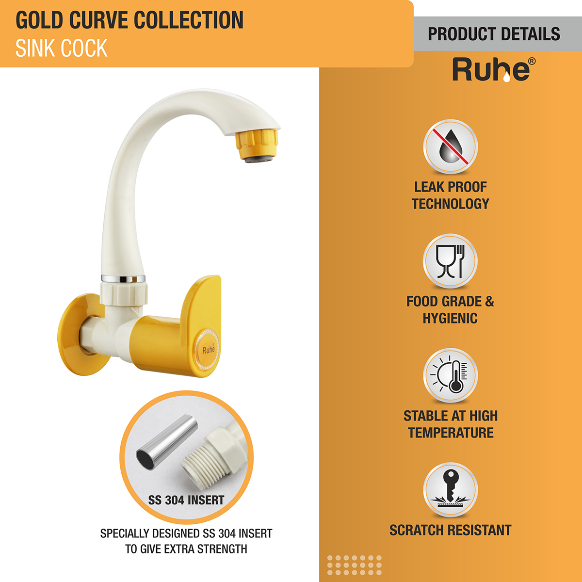 Gold Curve Sink Tap with Swivel Spout PTMT Faucet - by Ruhe®