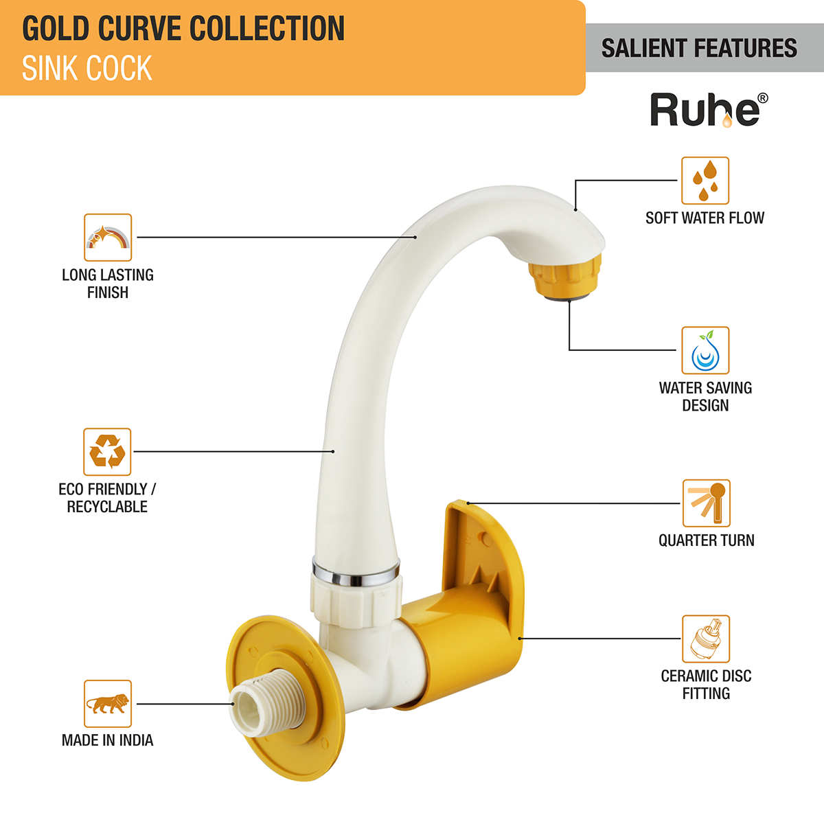 Gold Curve Sink Tap with Swivel Spout PTMT Faucet - by Ruhe®