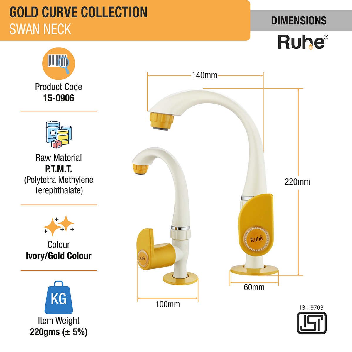 Gold Curve PTMT Swan Neck with Swivel Spout Faucet - by Ruhe®