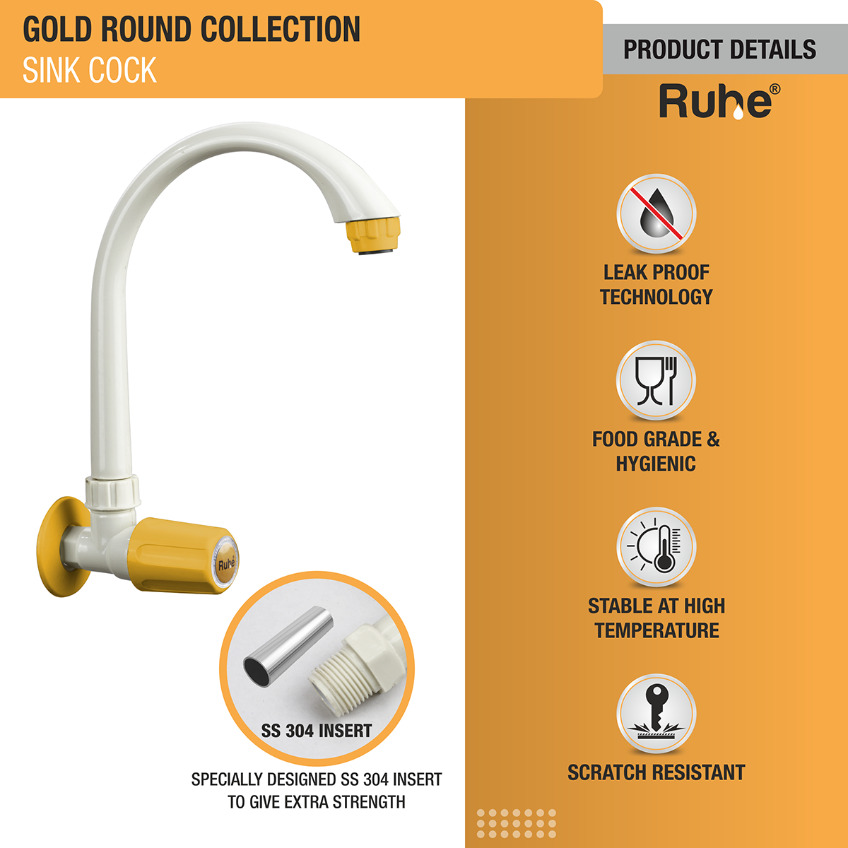 Gold Round Sink Tap with Swivel Spout PTMT Faucet - by Ruhe®