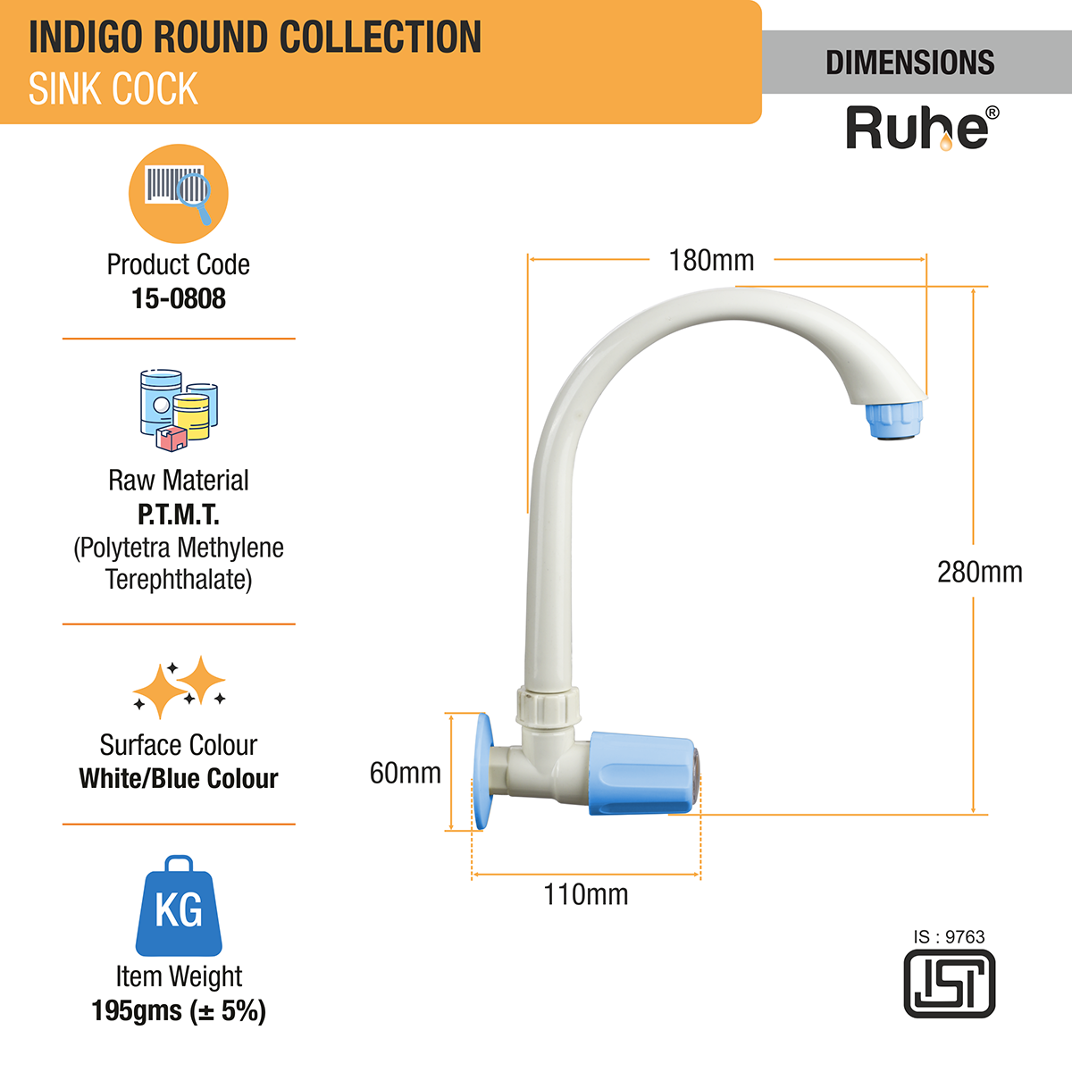 Indigo Round Sink Tap with Swivel Spout PTMT Faucet - by Ruhe®