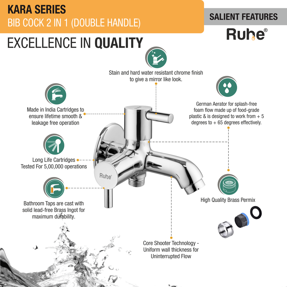 Kara Two Way Bib Tap Brass Faucet (Double Handle) features