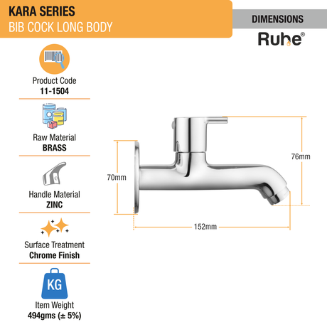 Kara Bib Tap Long Body Brass Faucet dimensions and size
