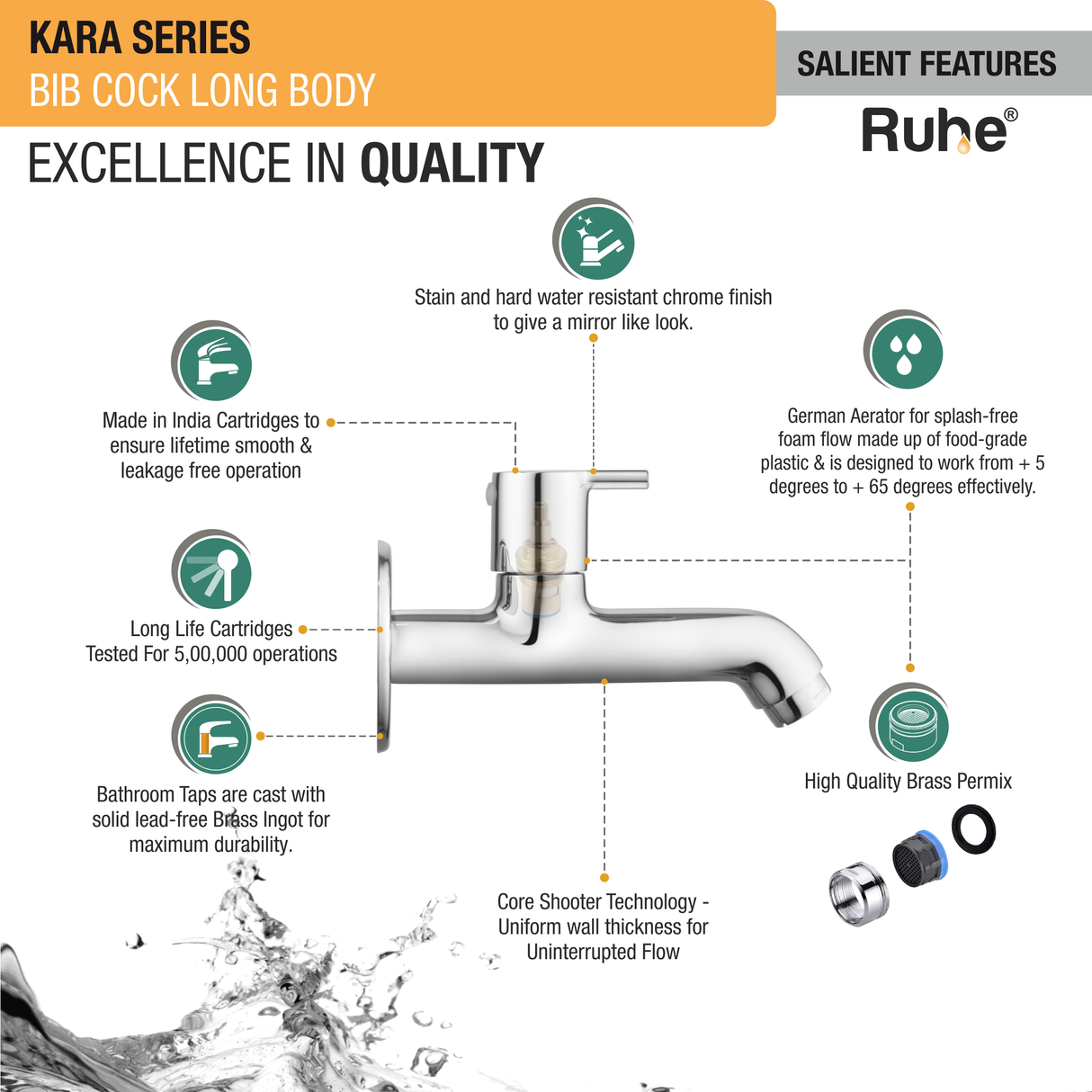 Kara Bib Tap Long Body Brass Faucet features