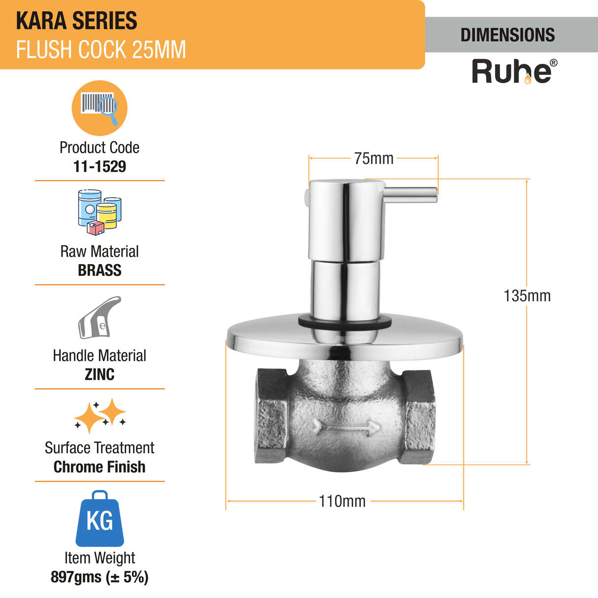 Kara Flush Cock 25mm Faucet dimensions and sizes