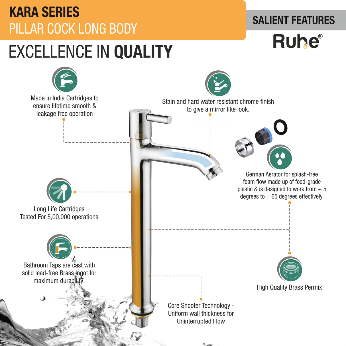 Kara Pillar Tap Tall Body Brass Faucet features