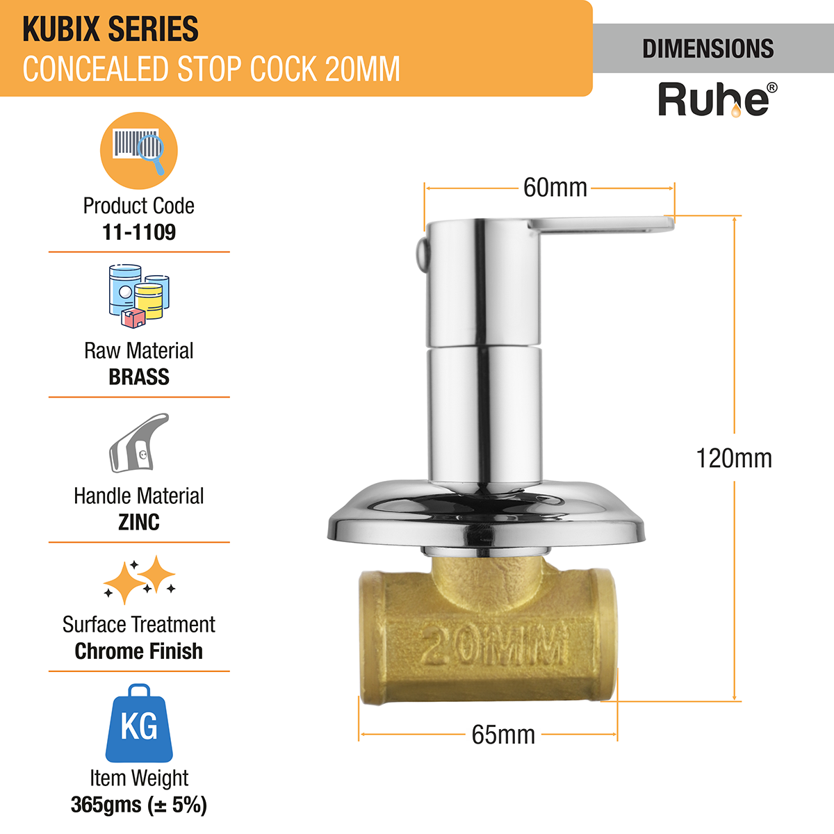 Kubix Concealed Stop Valve Brass Faucet (20mm) dimensions and size