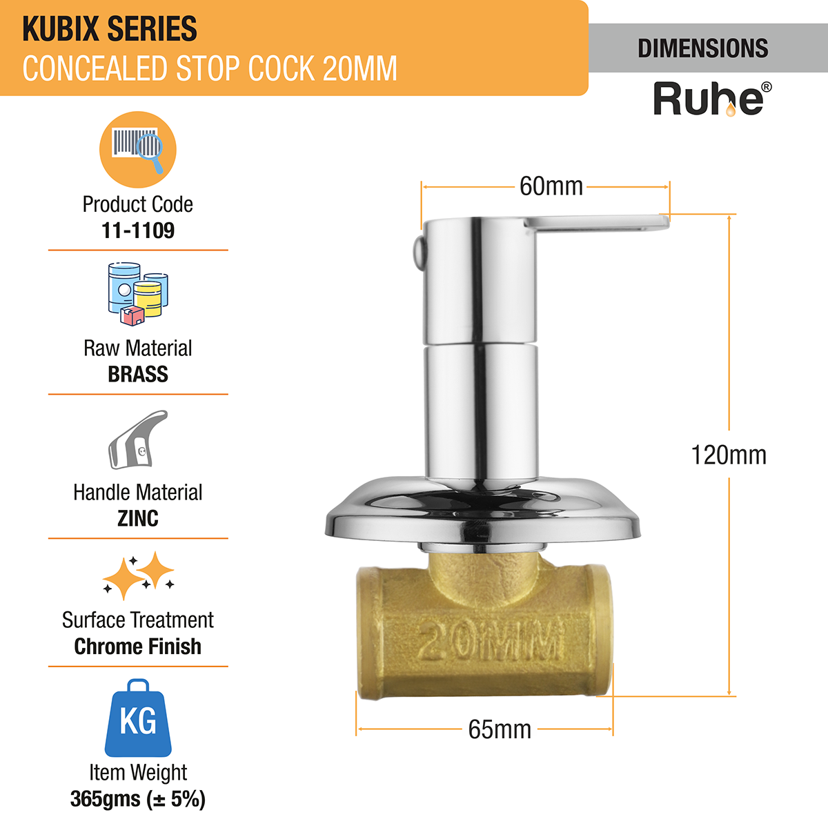 Kubix Concealed Stop Valve (20mm)- by Ruhe®