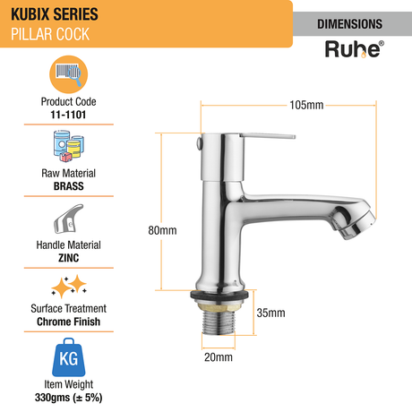 Kubix Pillar Tap Brass Faucet dimensions and size
