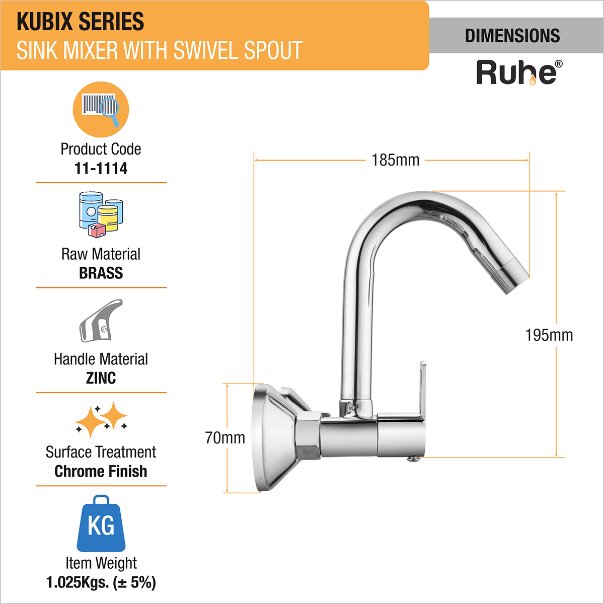 Kubix Sink Mixer with Small (12 inches) Round Swivel Spout Faucet dimensions and size