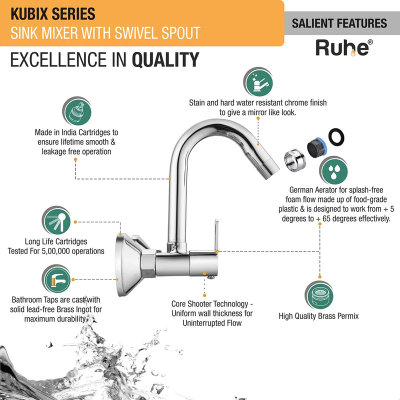 Kubix Wall Mount Kitchen Sink Mixer Tap with Swivel Spout
