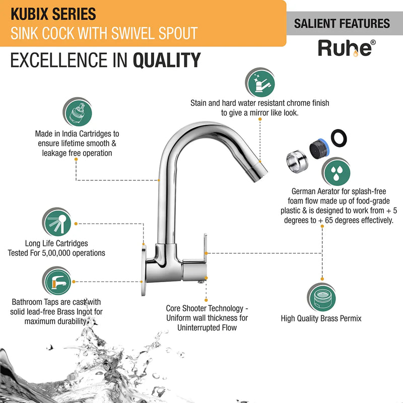 Kubix Brass Sink Tap with Round Swivel Spout - by Ruhe