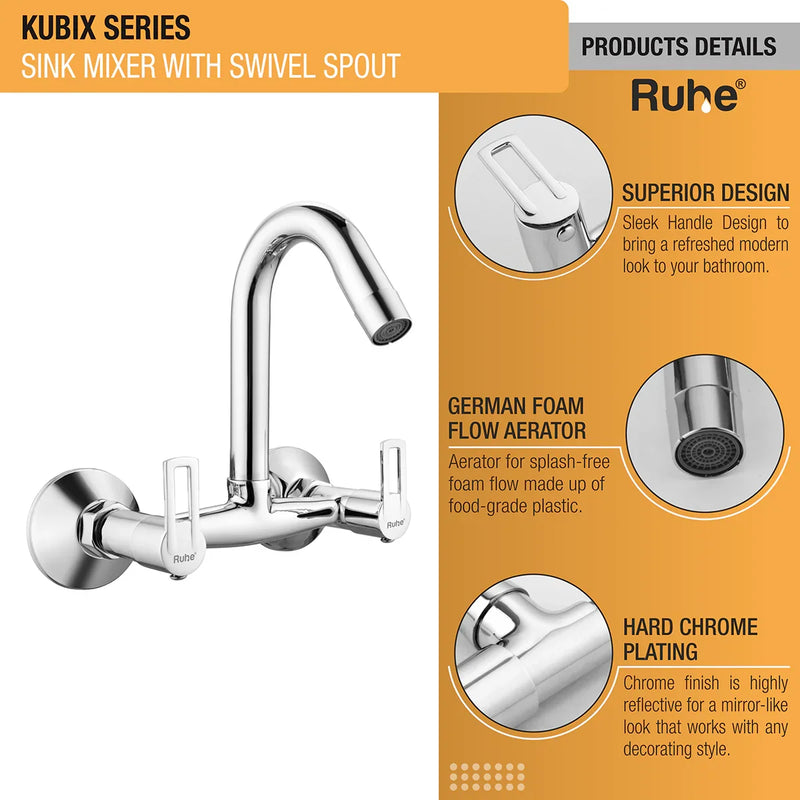 Kubix Wall Mount Kitchen Sink Mixer Tap with Swivel Spout