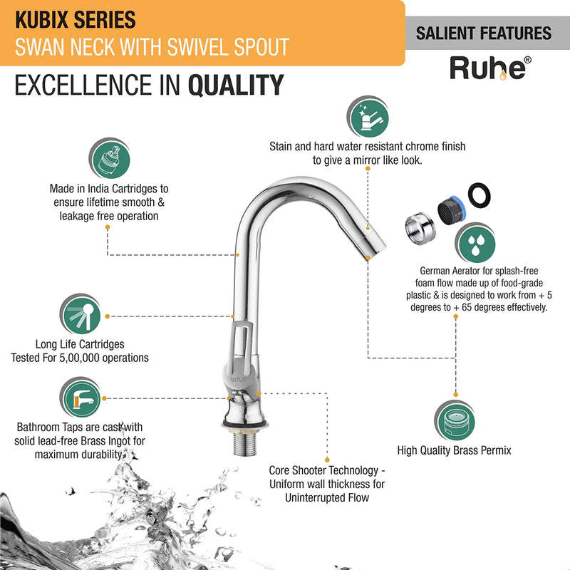Kubix Swan Neck Brass Faucet with Medium (12 inches) Round Swivel Spout - by Ruhe