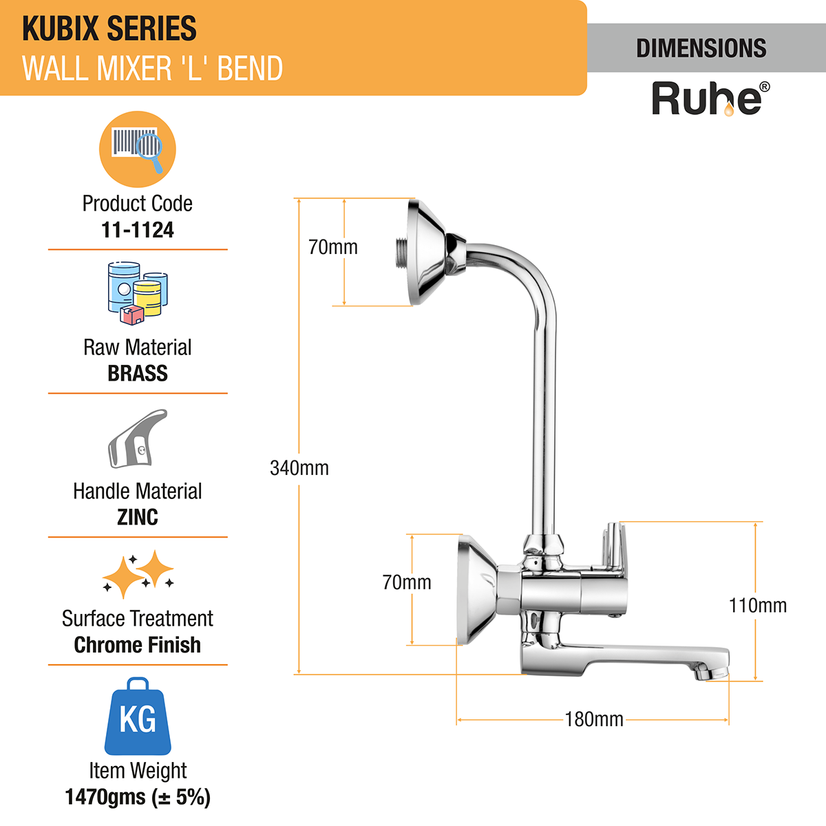 Kubix Wall Mixer Tap with L Bend Pipe - by Ruhe®