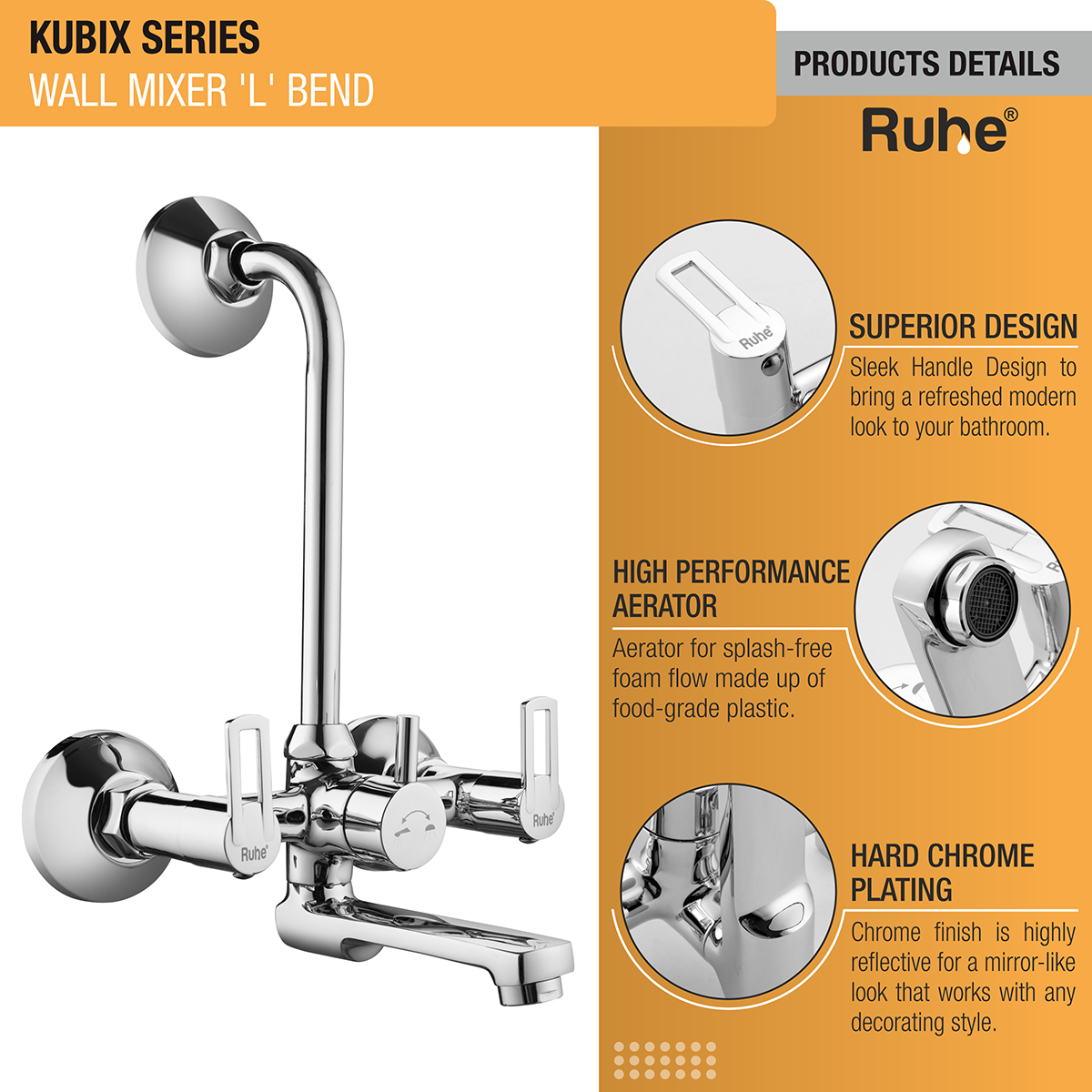 Kubix Wall Mixer Tap with L Bend Pipe - by Ruhe®