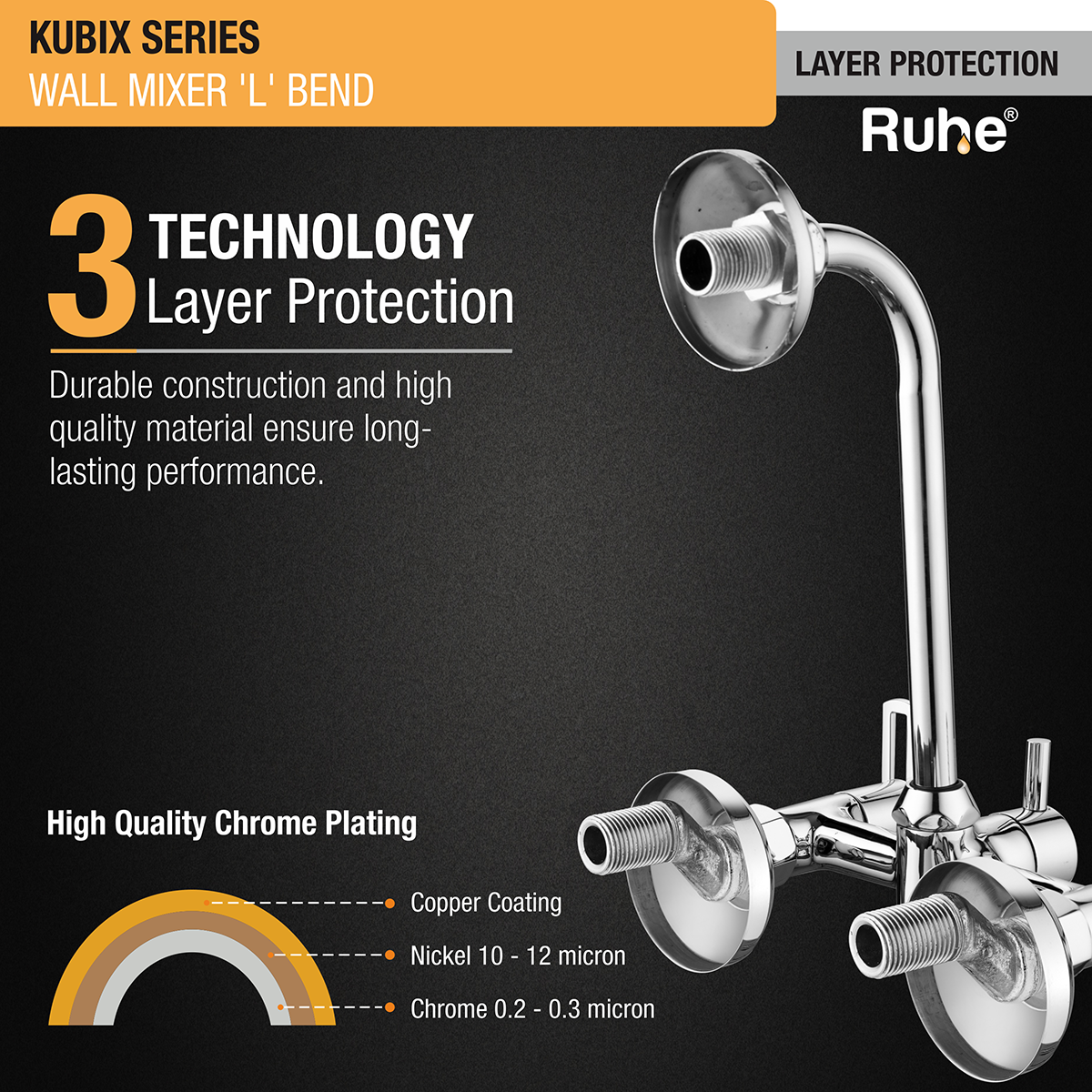 Kubix Wall Mixer Tap with L Bend Pipe - by Ruhe®