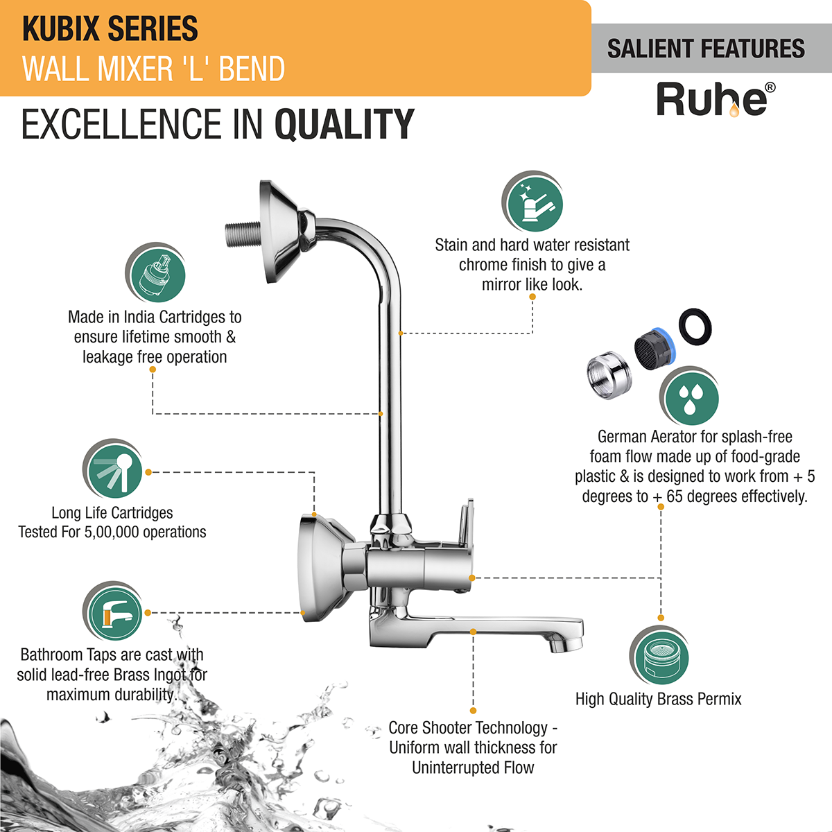 Kubix Wall Mixer Tap with L Bend Pipe - by Ruhe®