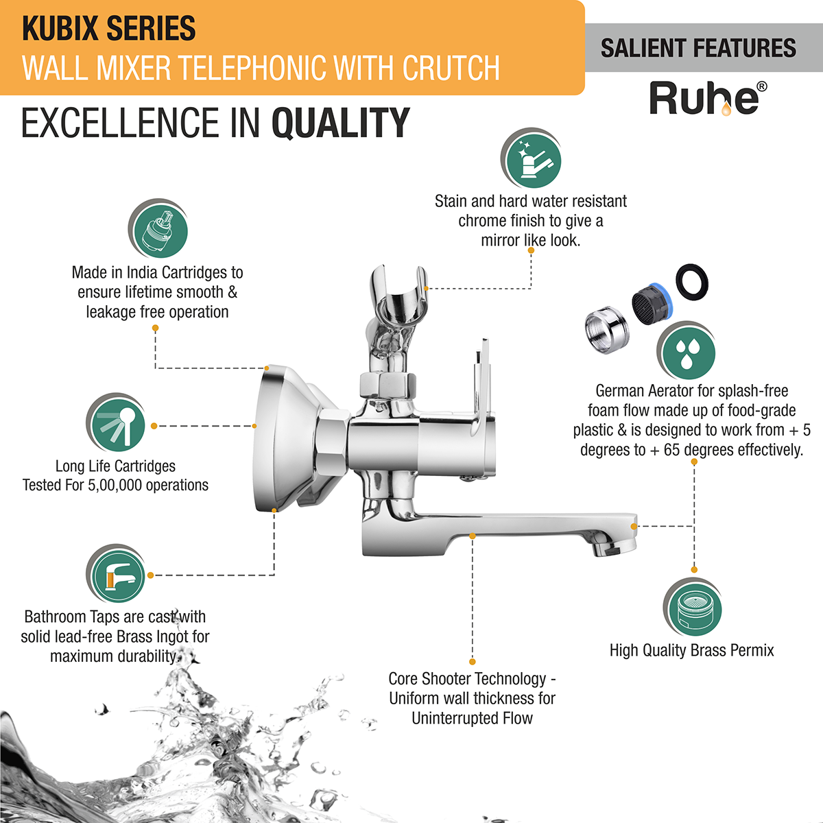 Kubix Telephonic Wall Mixer Tap with Crutch - by Ruhe®