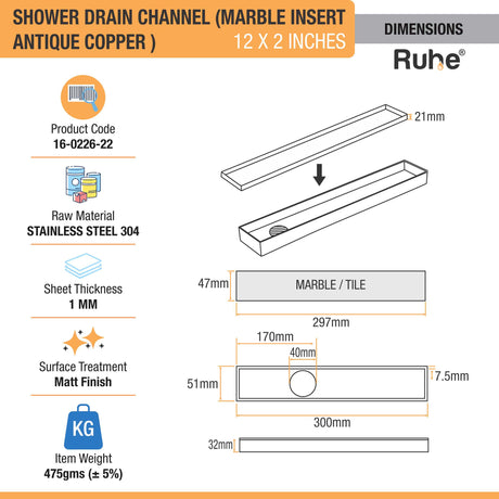 Marble Insert Shower Drain Channel (12 x 2 Inches) ANTIQUE COPPER dimensions and size