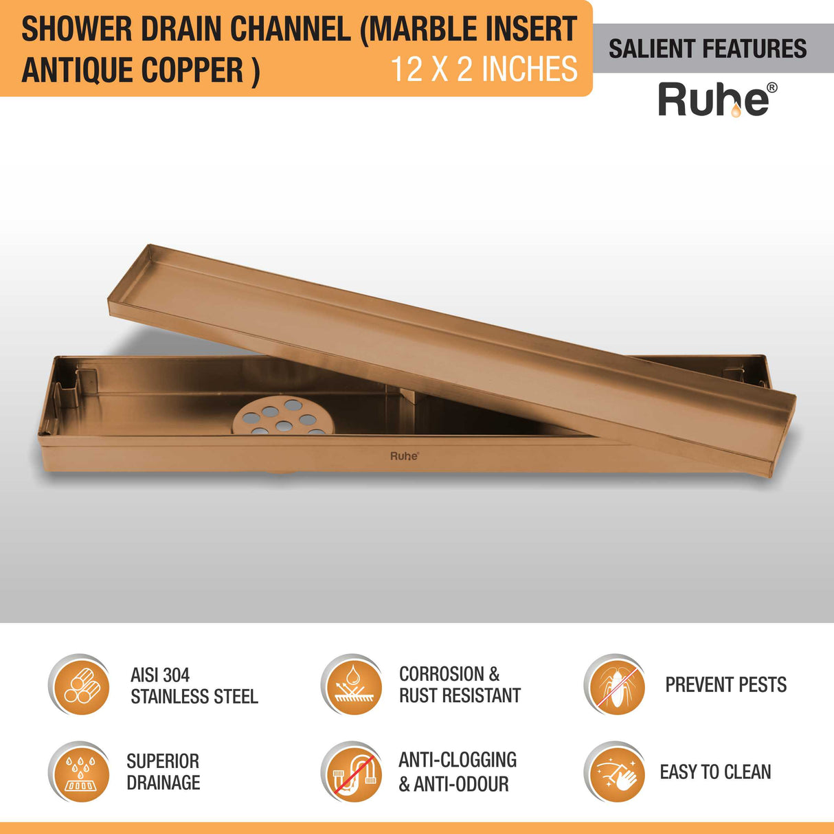 Marble Insert Shower Drain Channel (12 x 2 Inches) ROSE GOLD PVD Coated - by Ruhe®