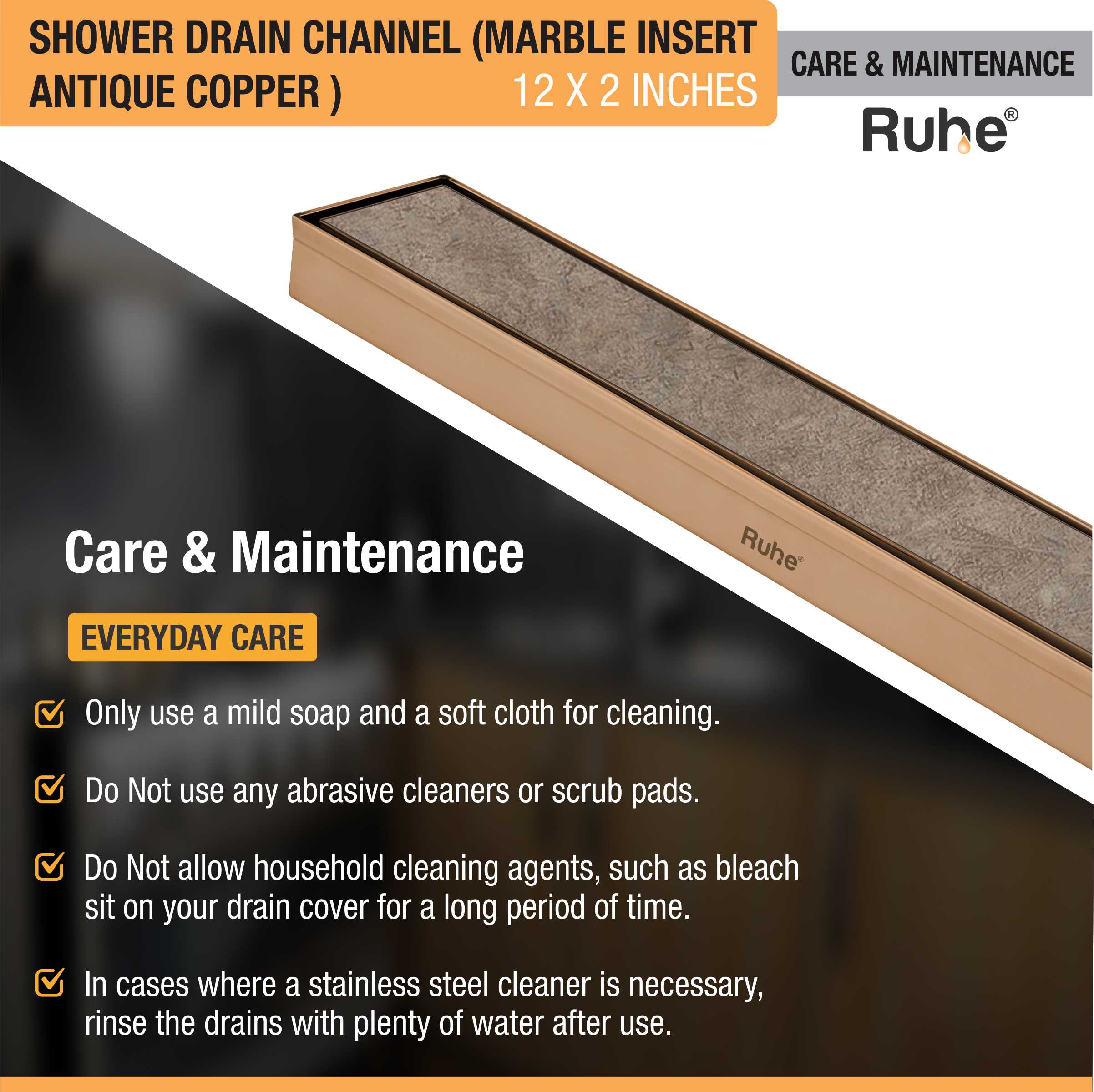 Marble Insert Shower Drain Channel (12 x 2 Inches) ANTIQUE COPPER care and maintenance