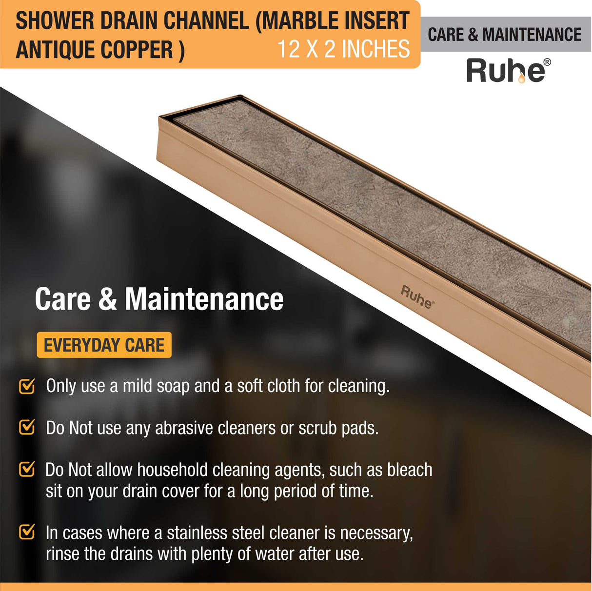 Marble Insert Shower Drain Channel (12 x 2 Inches) ROSE GOLD PVD Coated - by Ruhe®